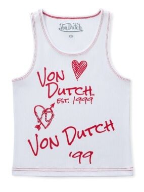 Von Dutch White Tank with Red Script & Hearts